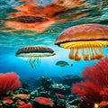 An otherworldly underwater scene with floating jellyfish, bioluminescent plankton, and vibrant coral reefs2, Generative AI Royalty Free Stock Photo