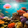 An otherworldly underwater scene with floating jellyfish, bioluminescent plankton, and vibrant coral reefs1, Generative AI Royalty Free Stock Photo