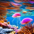An otherworldly underwater scene with floating jellyfish, vibrant coral reefs, and enchanting bioluminescent creatures3, Generat Royalty Free Stock Photo