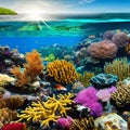 An otherworldly underwater scene with vibrant coral reefs, exotic marine life, and ethereal lighting5, Generative AI