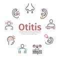 Otitis banner. Symptoms, Treatment. Vector signs for web graphics.