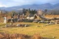 OTKHARA, ABKHAZIA - JANUARY 28, 2017: Group of tourists near th