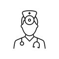 Otolaryngologist Doctor Line Icon. Otolaryngology Medic Staff with Stethoscope, Mirror Linear Pictogram. Ear, Nose