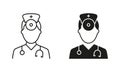 Otolaryngologist Doctor Line and Silhouette Black Icon Set. Otolaryngology Medic Staff with Stethoscope, Mirror