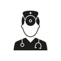 Otolaryngologist Doctor Silhouette Icon. Otolaryngology Medic Staff with Stethoscope, Mirror Black Pictogram. Ear, Nose