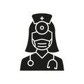 Otolaryngologist Doctor Silhouette Icon. Otolaryngology Medic Staff with Stethoscope, Mirror Glyph Black Pictogram. Ear