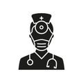 Otolaryngologist Doctor Silhouette Icon. Otolaryngology Medic Staff with Stethoscope, Mirror Glyph Black Pictogram. Ear