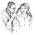 The otolaryngologist examines the girl`s ear, hand drawn doodle, sketch