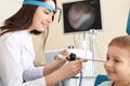 Otolaryngologist examining little boy's ear with ENT telescope in hospital Royalty Free Stock Photo