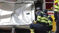 Romanian first responders train to extricate and save the victim of a car accident during a drill exercise.