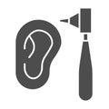 Otoscope and human ear solid icon, medical concept, Examination by otolaryngologist sign on white background, otoscope Royalty Free Stock Photo