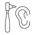 Otoscope and human ear thin line icon, medical concept, Examination by otolaryngologist sign on white background Royalty Free Stock Photo