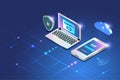 OTP One time password, two factor authentification code on laptop computer and smart phone. Identity by password security code
