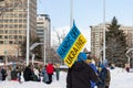 Rally in support of Ukraine against war. Protest and march against Russian invasion. Hands off Ukraine