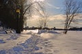 Ottawa river pathway covered in snow with bare tree silhouettes against birght sunlight
