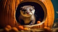 an otter in a carved pumpkin