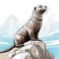 Realistic Cartoon Otter Sitting On Ice Rock With Mountain Background