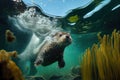 otter diving underwater, with only its furry head visible