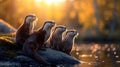 Otter family at the bank of the forest river with setting sun shining. Royalty Free Stock Photo