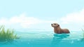 Beautiful Cartoon Otter In Realistic Seascape Illustration