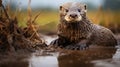 Photographically Detailed Portrait Of A Smiling Otter In Muddy Water Royalty Free Stock Photo