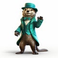 Anthropomorphic Otter In Green Suit: Hiperrealistic Cartoon 3d Render