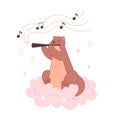 The otter plays the flute and sits on a cloud. Baby animal illustration for nursery