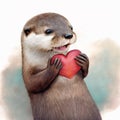 Otter, with a red heart, very enthusiastic, on valentine's day