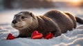 Otter with Hearts in the Snow, A Valentine\'s Day Wish Royalty Free Stock Photo