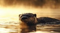 otter in river eden morning mist in england Royalty Free Stock Photo