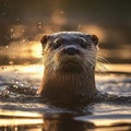 otter in river eden morning mist in england Royalty Free Stock Photo