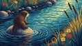 Otter on a Rock in a Serene River with Cattails and Wildflowers Royalty Free Stock Photo