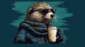 Otter with sunglasses and coffee, AI