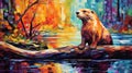 Colorful Pixel-art Otter Sitting On Tree Oil Painting