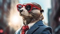 An Otter wearing sunglasses and dressed in a suit on a city street Royalty Free Stock Photo