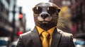 An otter weasel wearing sunglasses and dressed in a suit on a city street