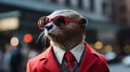 An otter weasel wearing sunglasses and dressed in a suit on a city street Royalty Free Stock Photo