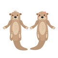 Otters cute cuple animal characters female and male white background isolated vector cartoon trendy style