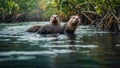 Otters Swimming in a River. Generative AI