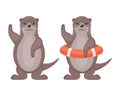 Otters. Two cute cartoon otters. An otter in a lifebuoy. Cute river animals. Vector illustration