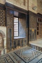 Ottoman historic house of Moustafa Gaafar, Darb Al Asfar District, Cairo, Egypt with decorated wooden wall and marble floor Royalty Free Stock Photo