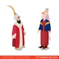 Ottoman sultan couple Turkey traditional costume vector flat Royalty Free Stock Photo