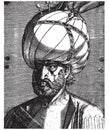 Ottoman Sultan Suleiman the Magnificent portrait, vintage engraving