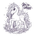 Ou are magic text. Beautiful unicorn Black and white linear drawing. Vector Royalty Free Stock Photo