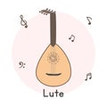 Oud clipart cartoon style. Brown lute middle eastern string musical instrument flat vector illustration. Wooden lute vector design Royalty Free Stock Photo