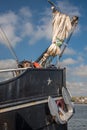 Oudeschild, the Netherlands. August 13, 2021. Details of historic sailing ships in the harbor of Oudeschild, Texel.