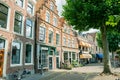 Old shopping street in the historic town of Oudewater, Holland