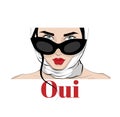 Oui. Vector hand drawn illustration of girl in shawl and glasses .