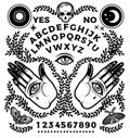 Ouija Board with hands with eyes. Vector Illustration.