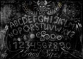 Ouija magic spiritual board design with alphabet letters, hands, pentagram and evil signs